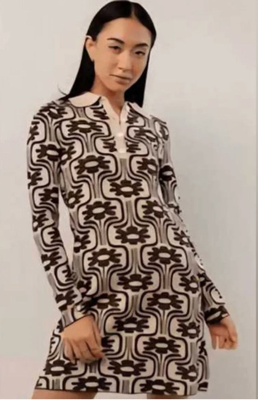 POLAGRAM Knit Collared Printed Sweater Dress // M